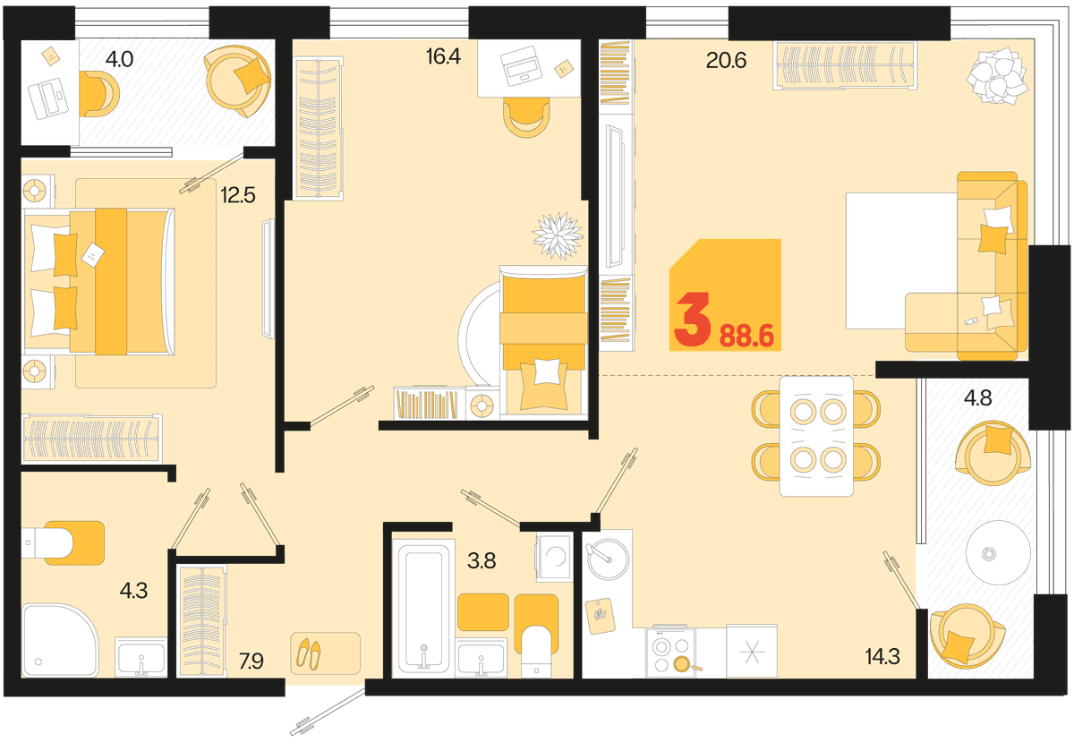 3-к, 88.6 м² · Первое место
