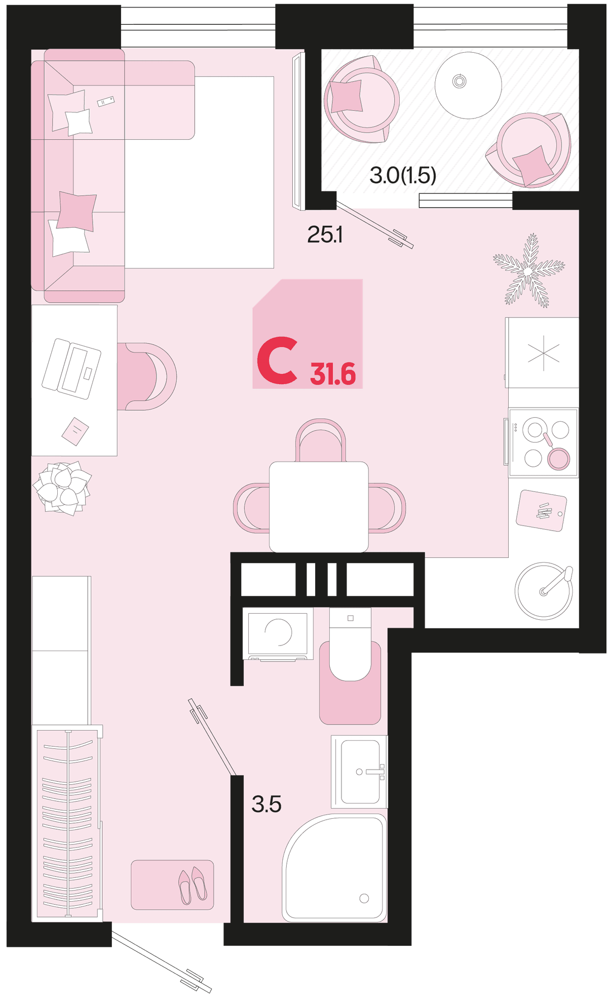 Студия, 31.6 м² · Первое место