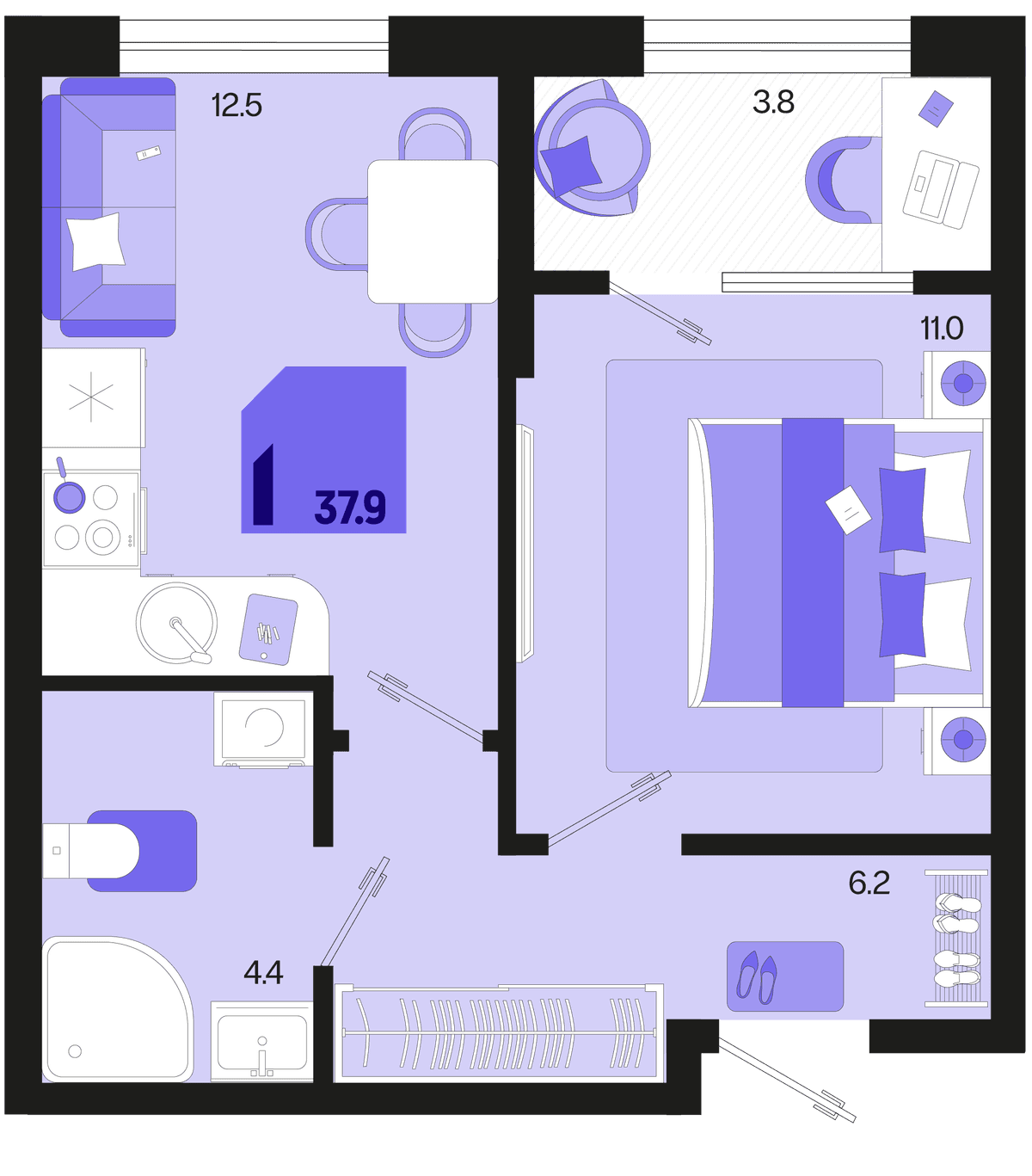 1-к, 37.9 м² · Первое место
