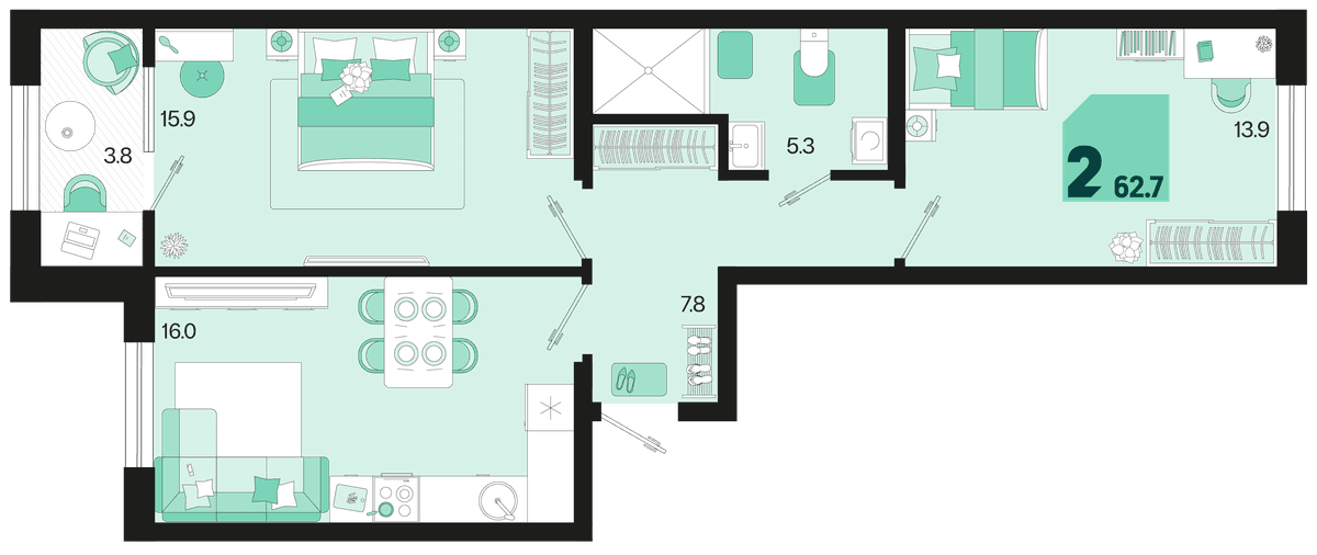 2-к, 62.7 м² · Первое место
