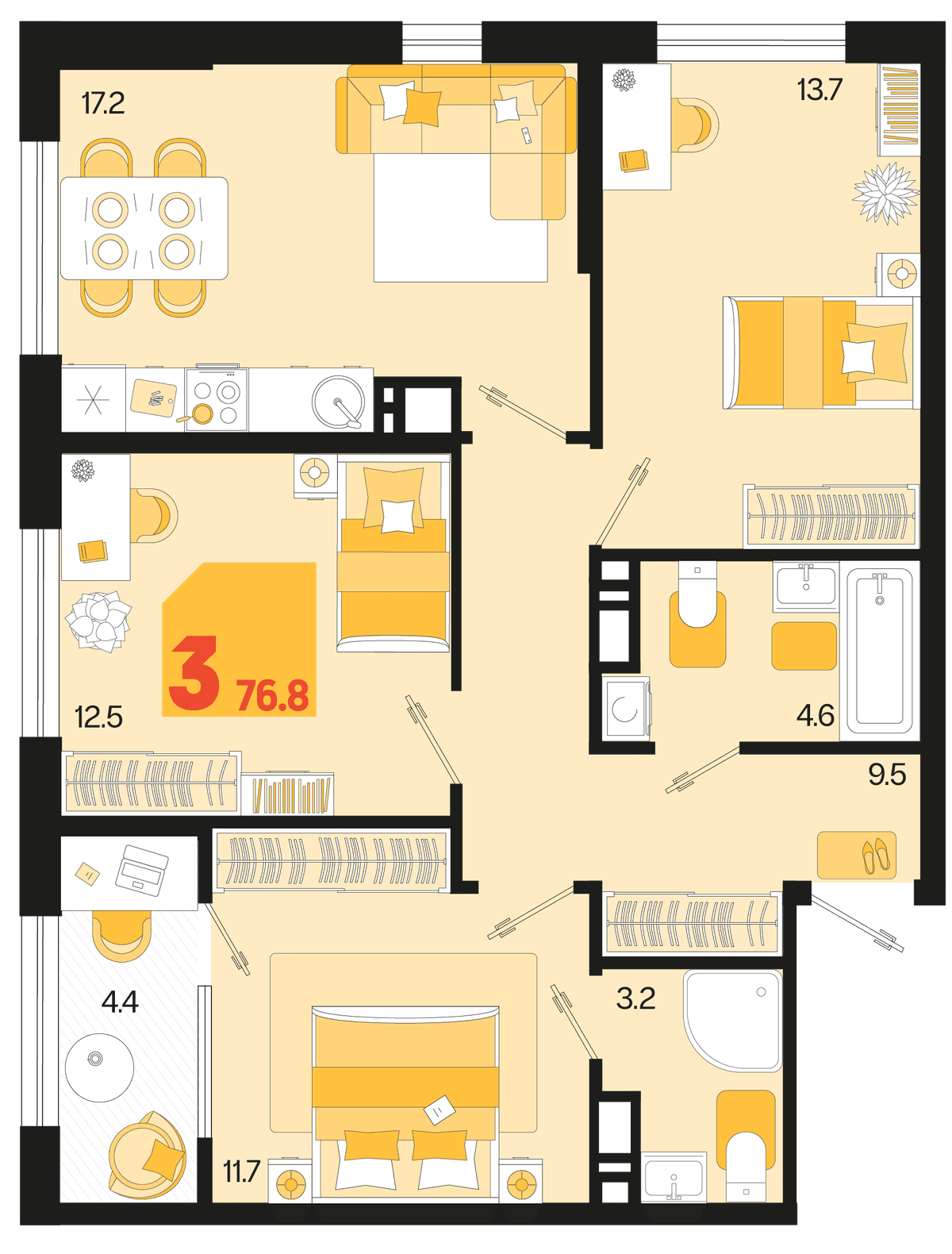 3-к, 76.8 м² · Первое место
