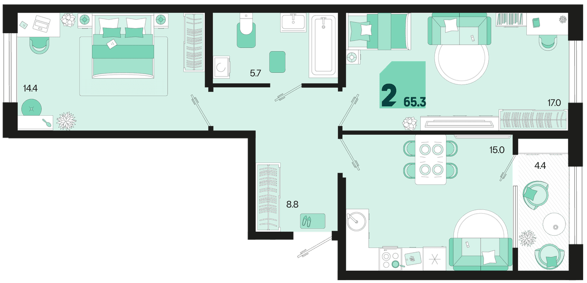 2-к, 65.3 м² · Первое место