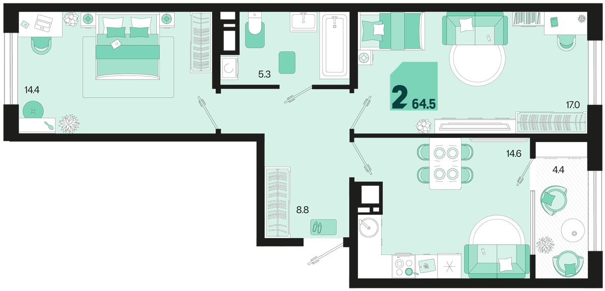 2-к, 64.5 м² · Первое место