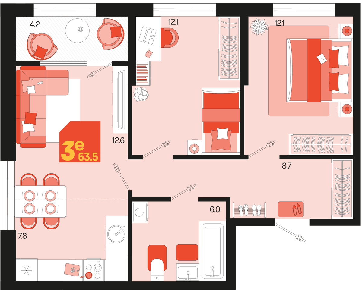 3-к, 63.5 м² · Первое место