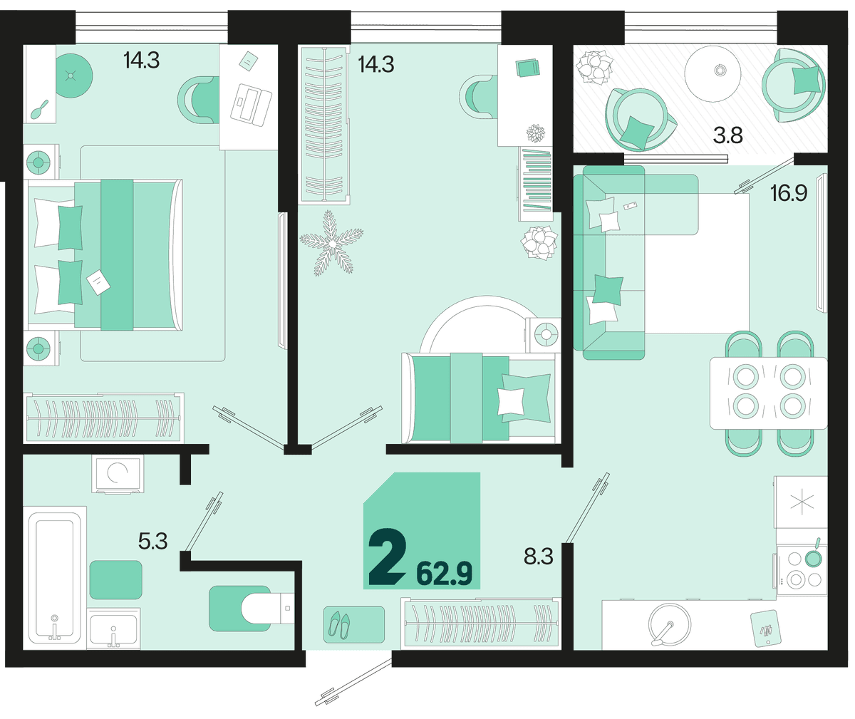 2-к, 62.9 м² · Первое место