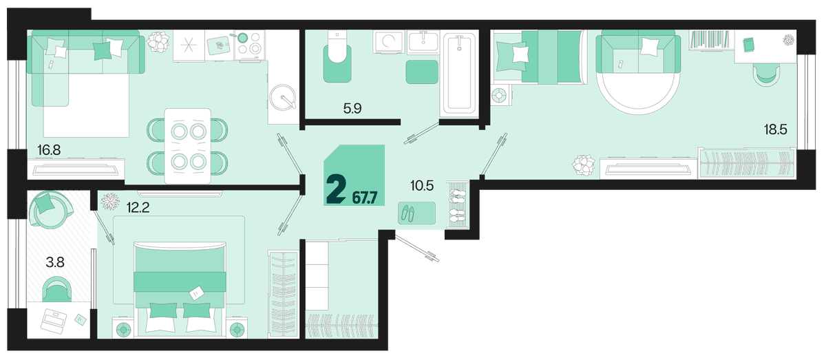 2-к, 67.7 м² · Первое место