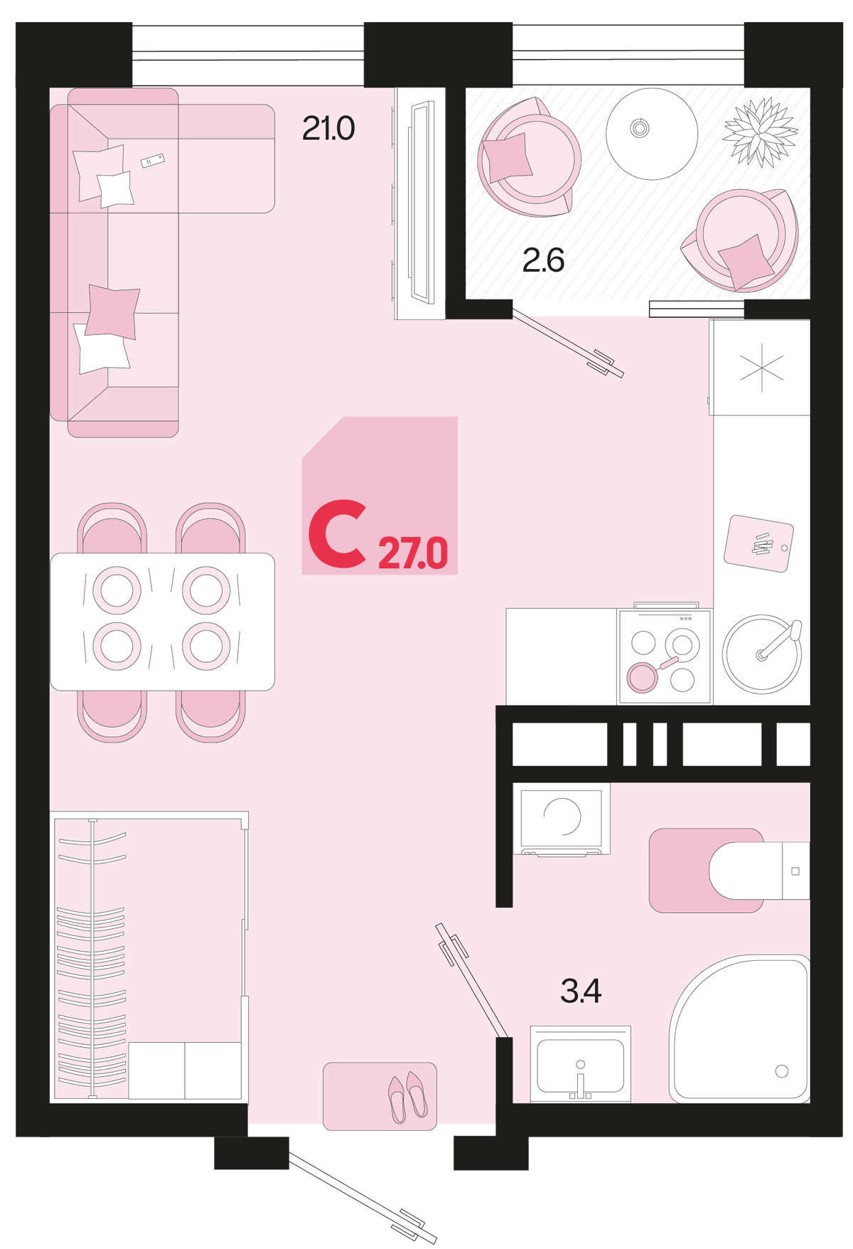 Студия, 27 м² · Первое место