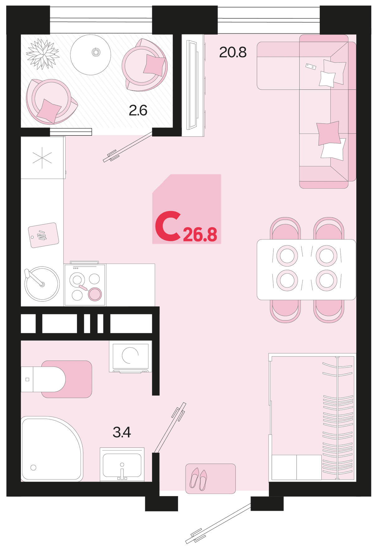 Студия, 26.8 м² · Первое место