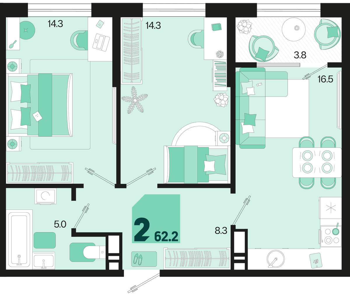 2-к, 62.2 м² · Первое место