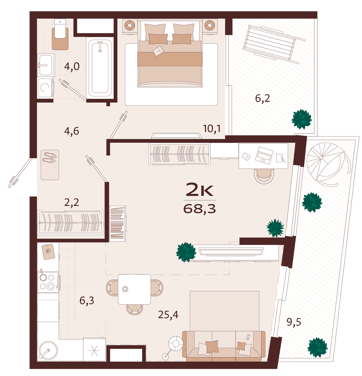 2-к, 68.3 м² · Роялта