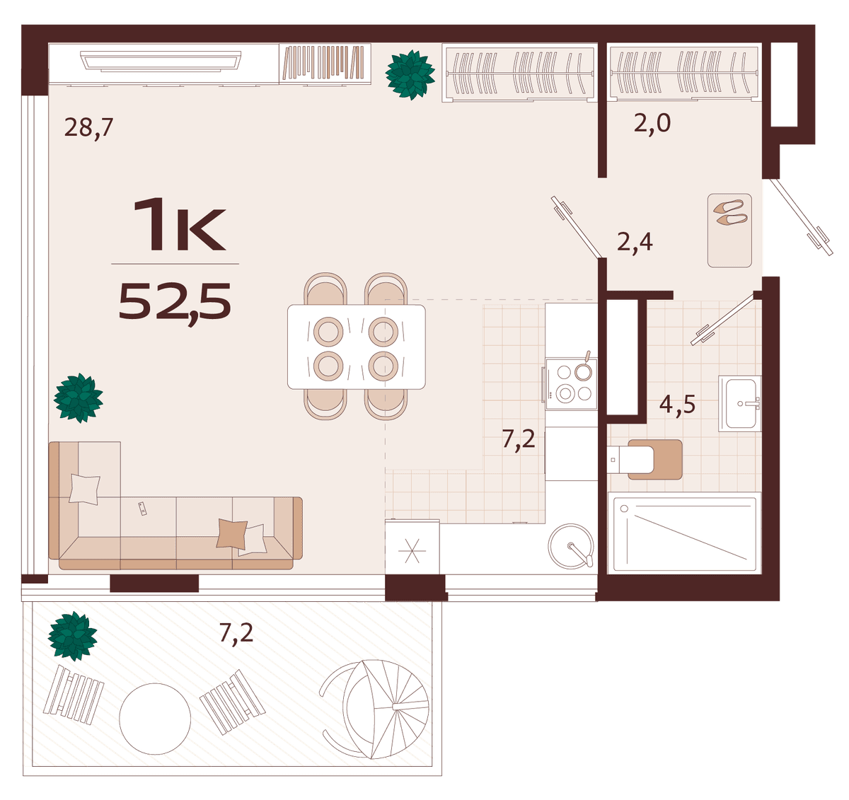 1-к, 52.5 м² · Роялта