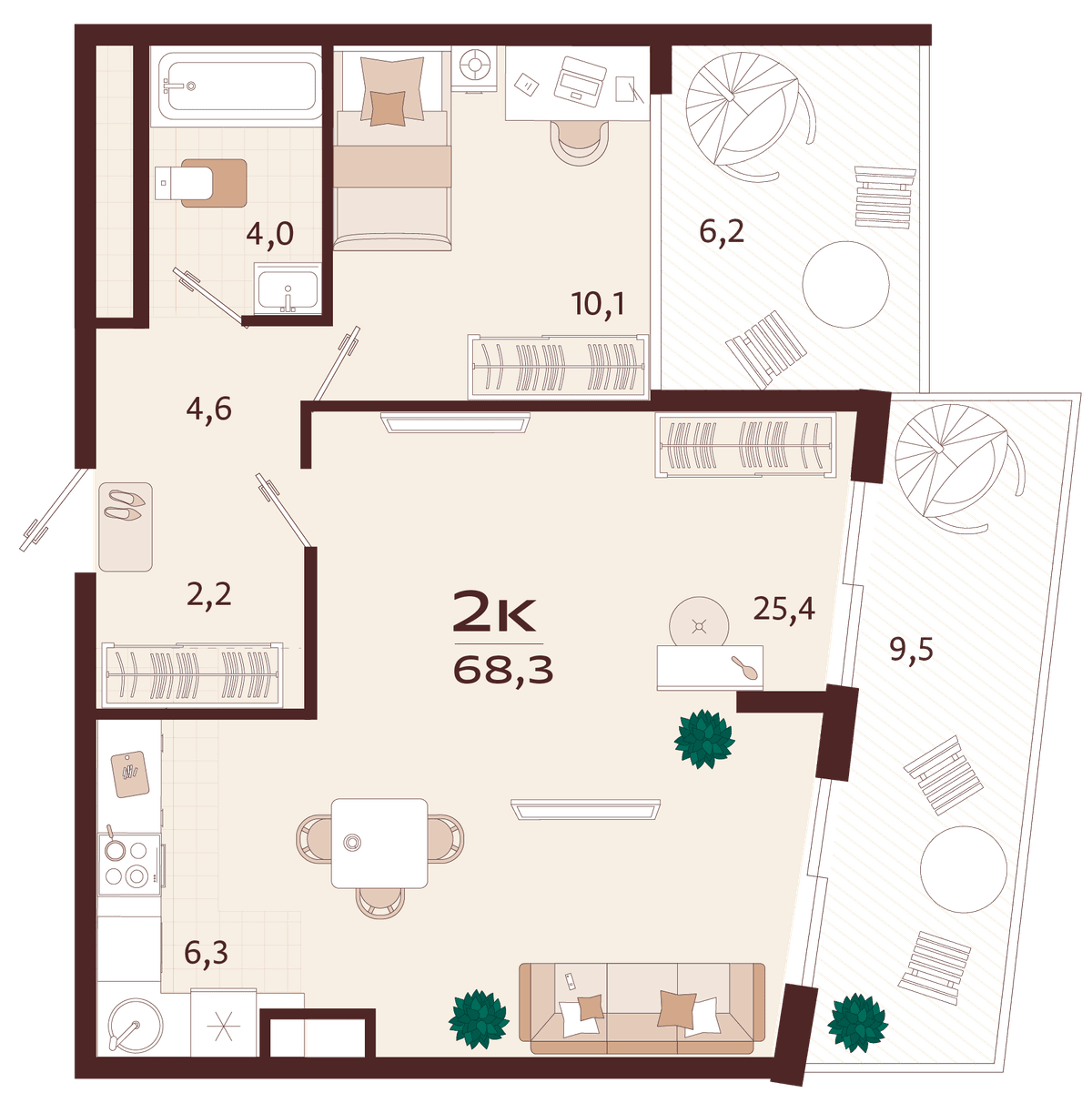 2-к, 68.3 м² · Роялта