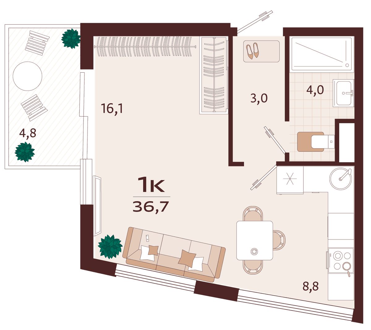 1-к, 36.7 м² · Роялта