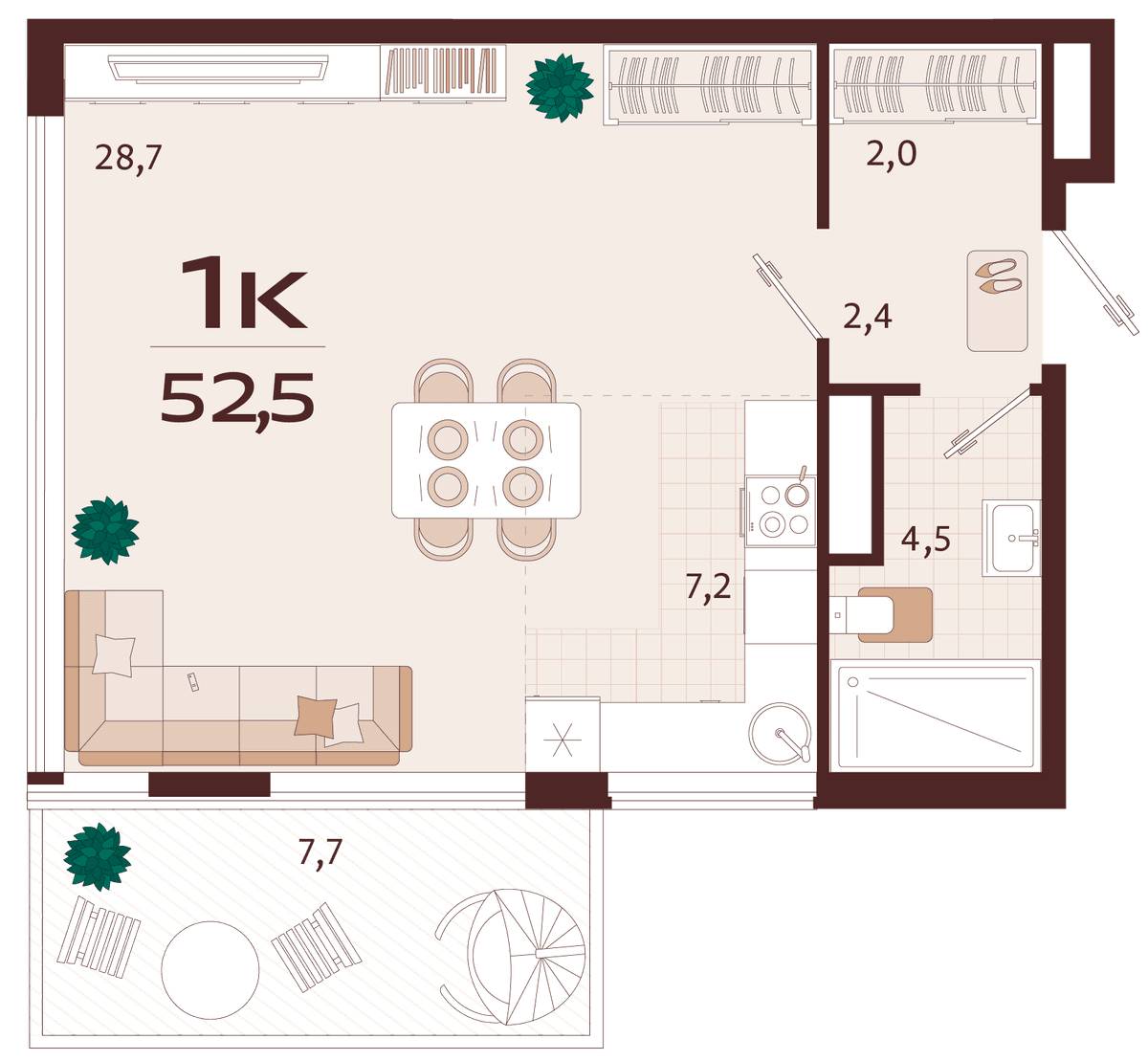 1-к, 52.5 м² · Роялта