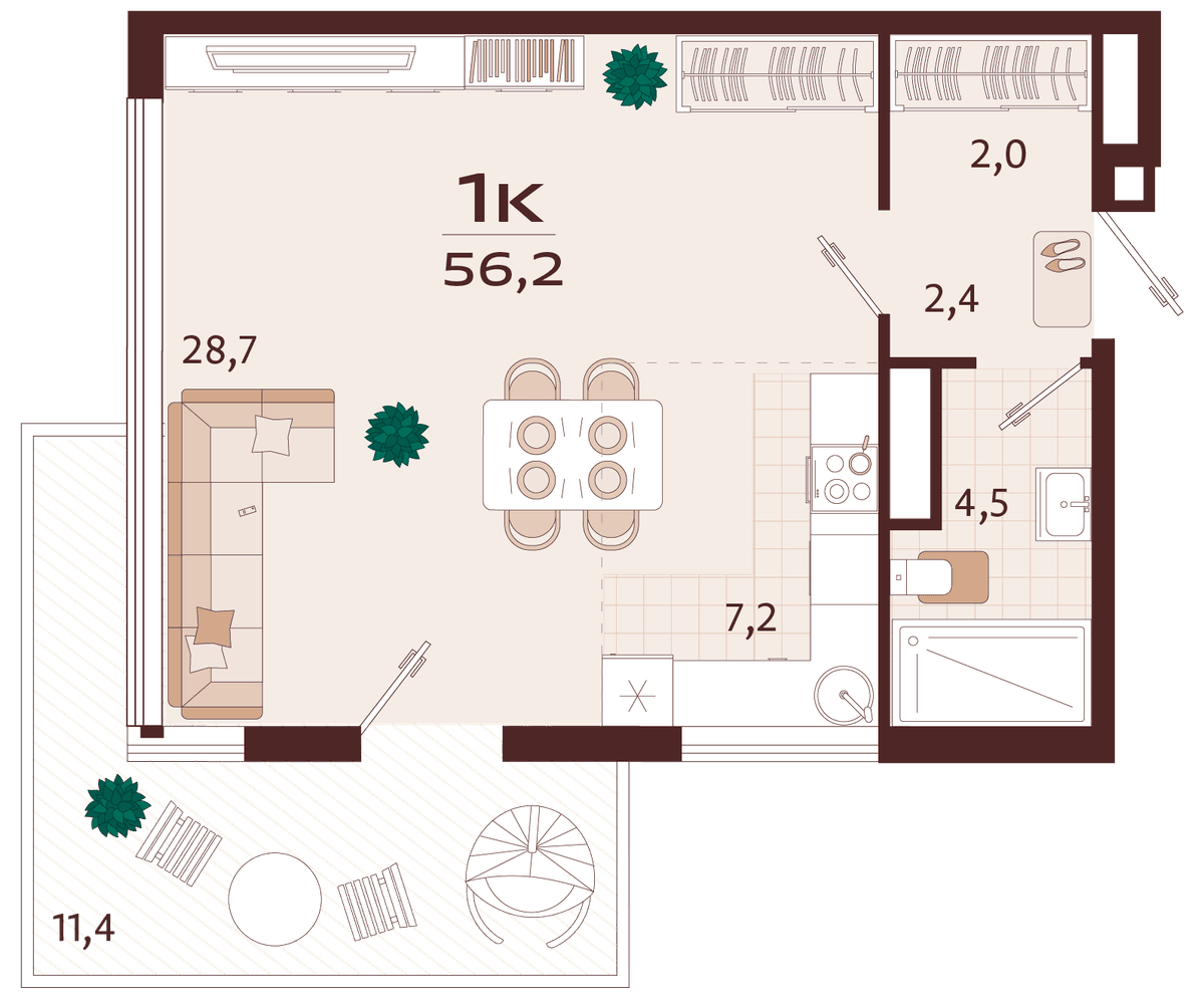 1-к, 56.2 м² · Роялта