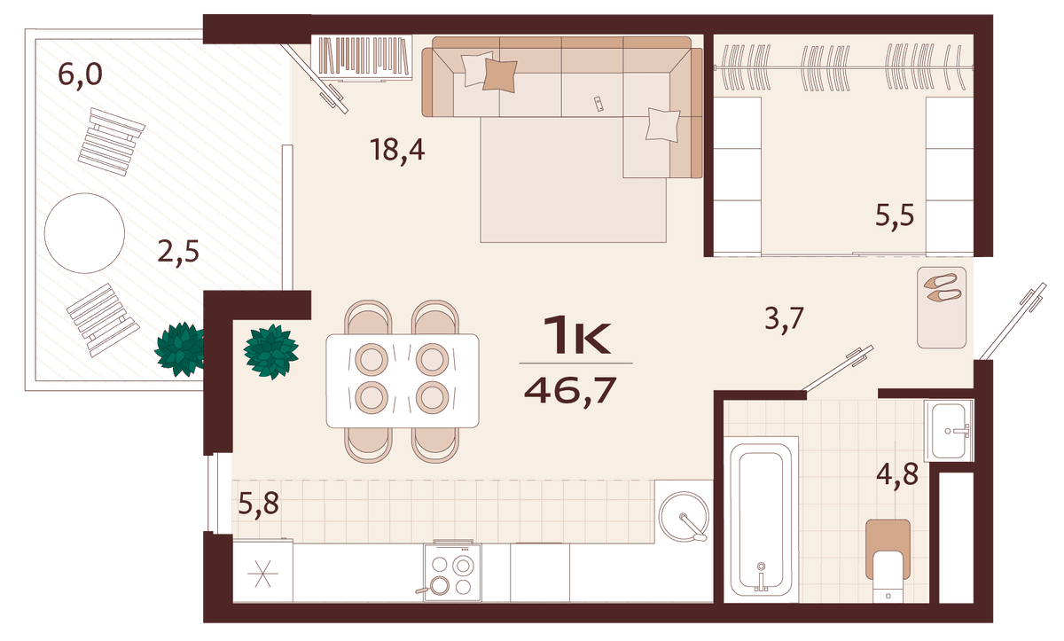 1-к, 46.7 м² · Роялта