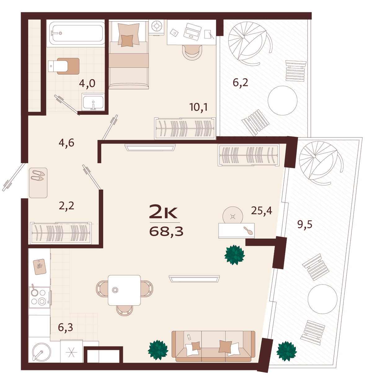 2-к, 68.3 м² · Роялта