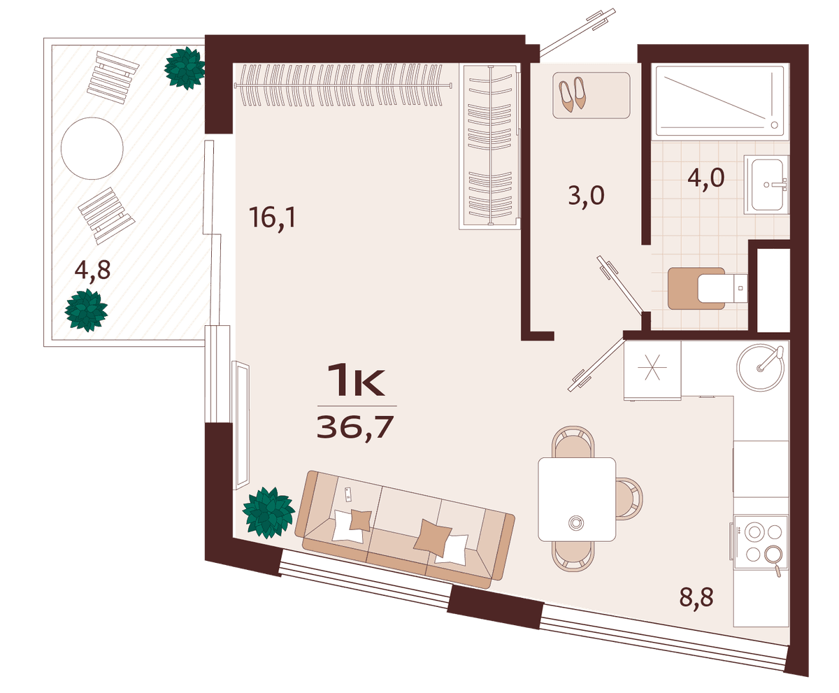 1-к, 36.7 м² · Роялта