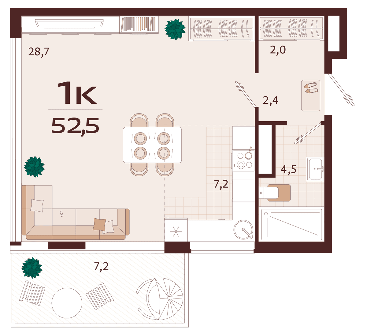 1-к, 52.5 м² · Роялта