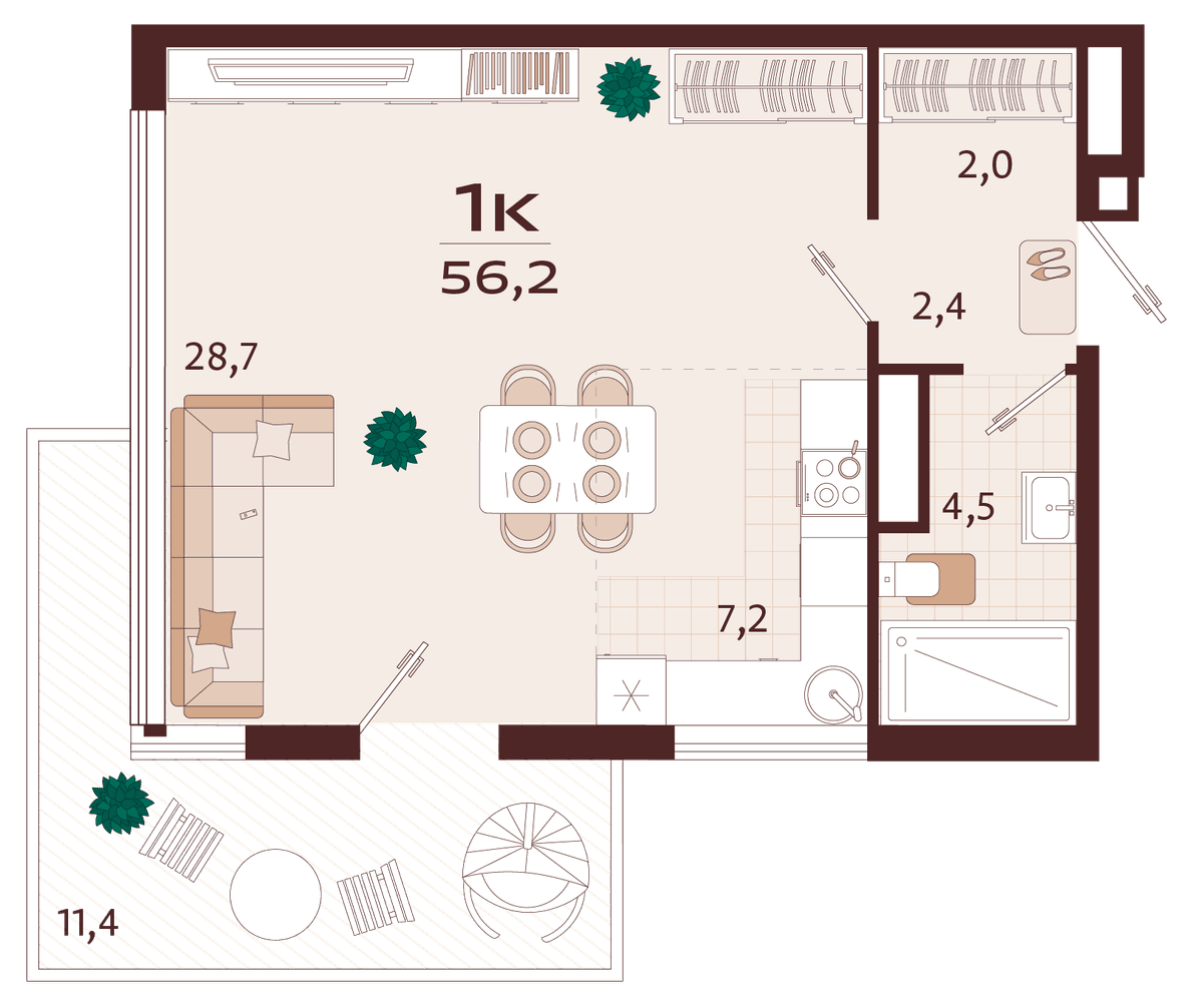 1-к, 56.2 м² · Роялта