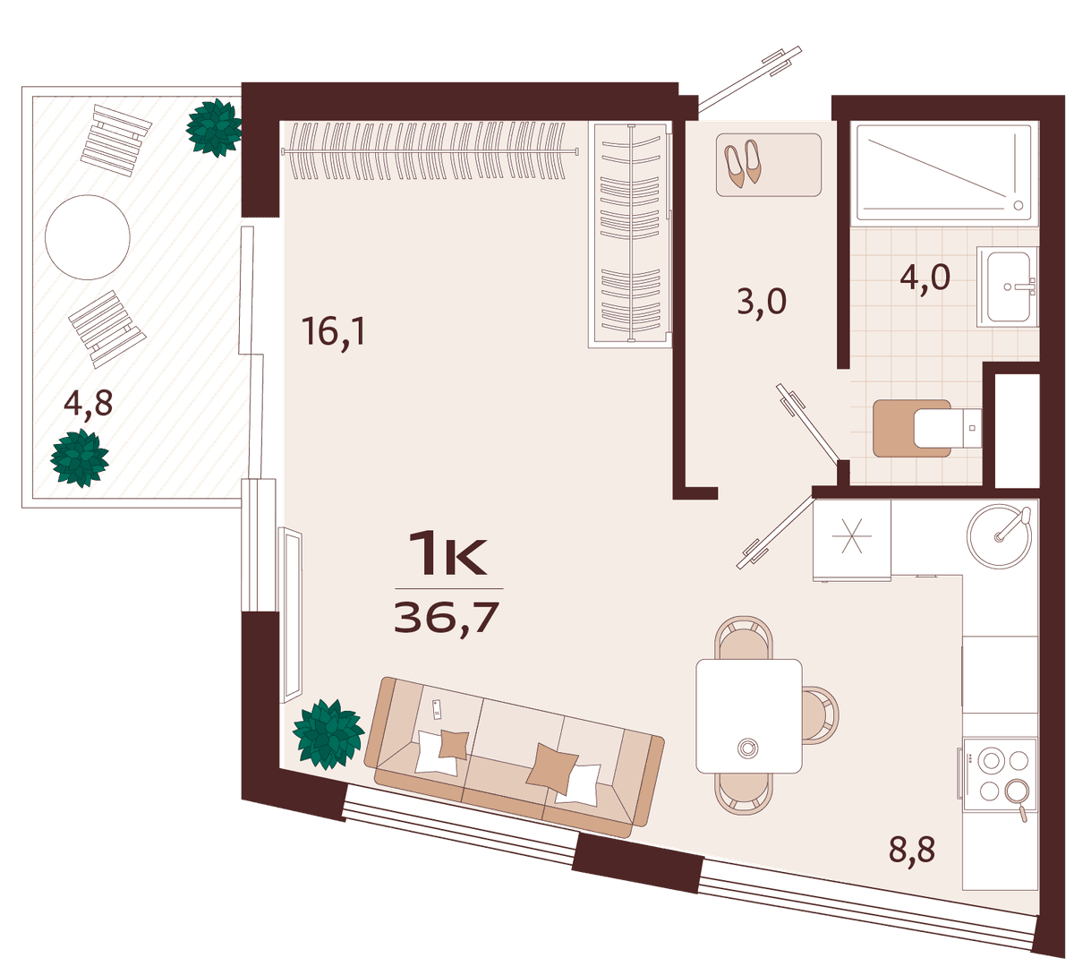 1-к, 36.7 м² · Роялта