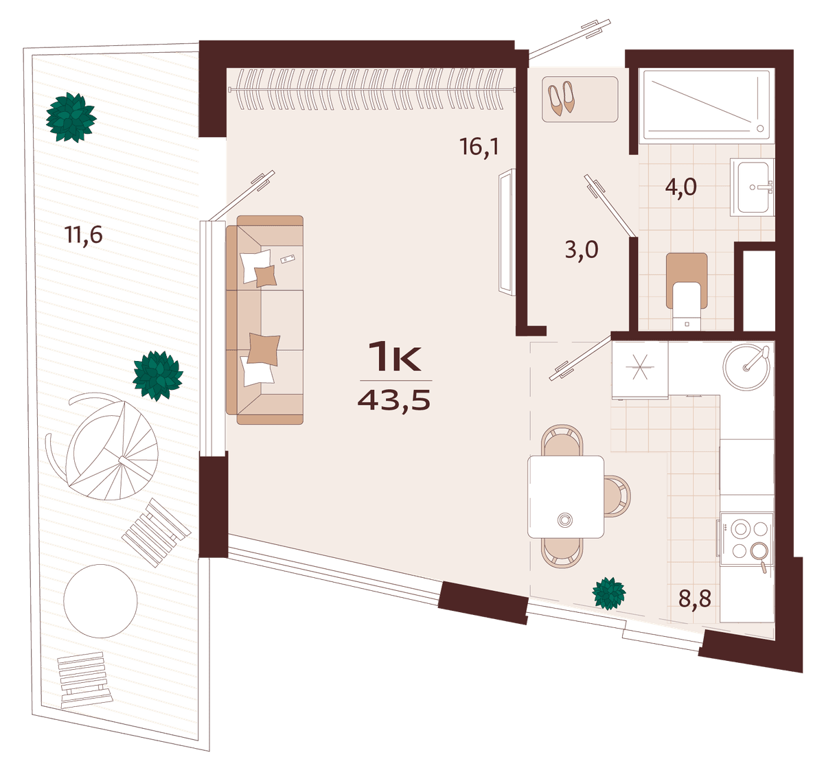 1-к, 43.5 м² · Роялта