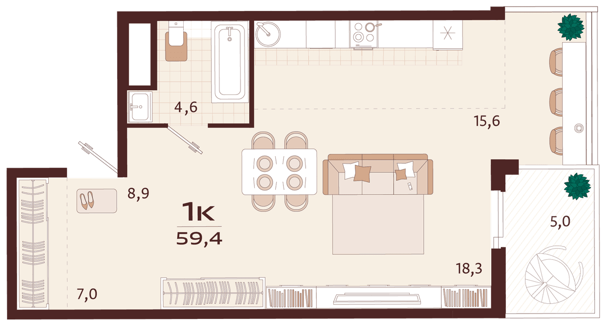 1-к, 59.4 м² · Роялта