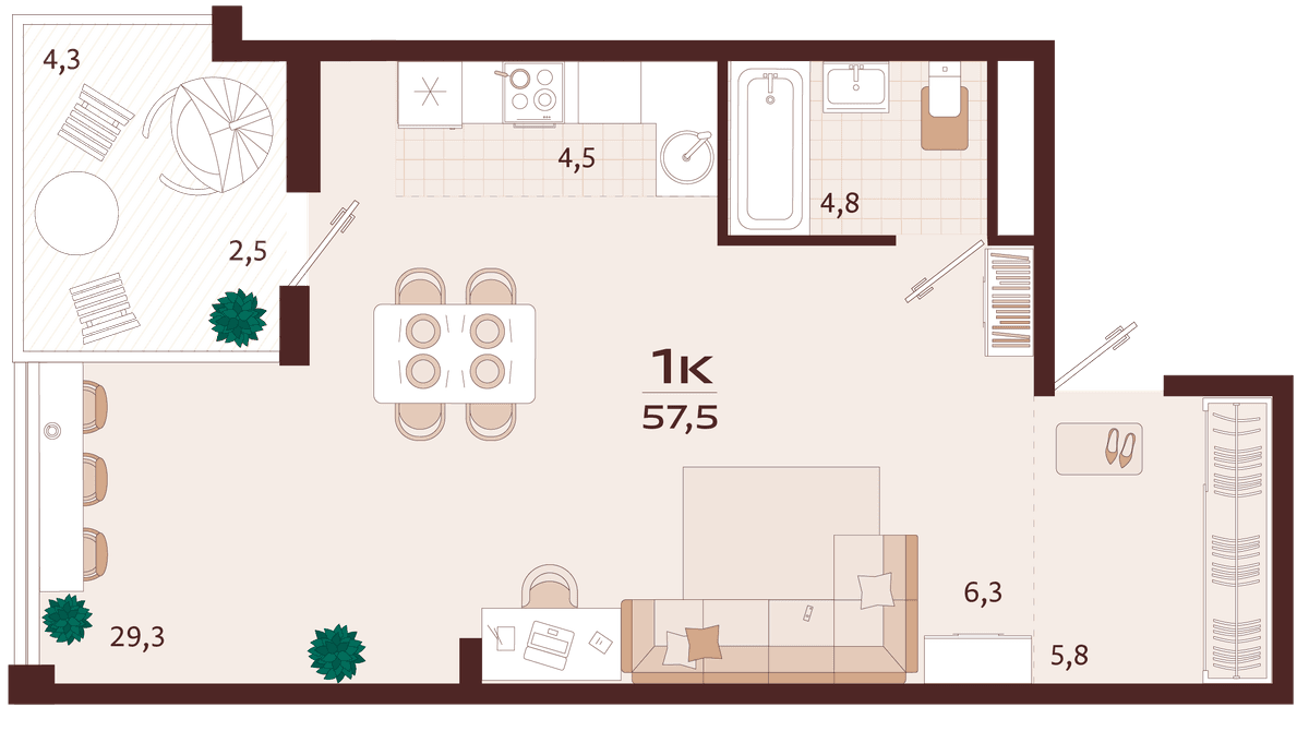 1-к, 57.5 м² · Роялта