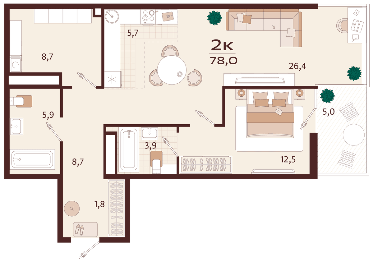 2-к, 78 м² · Роялта