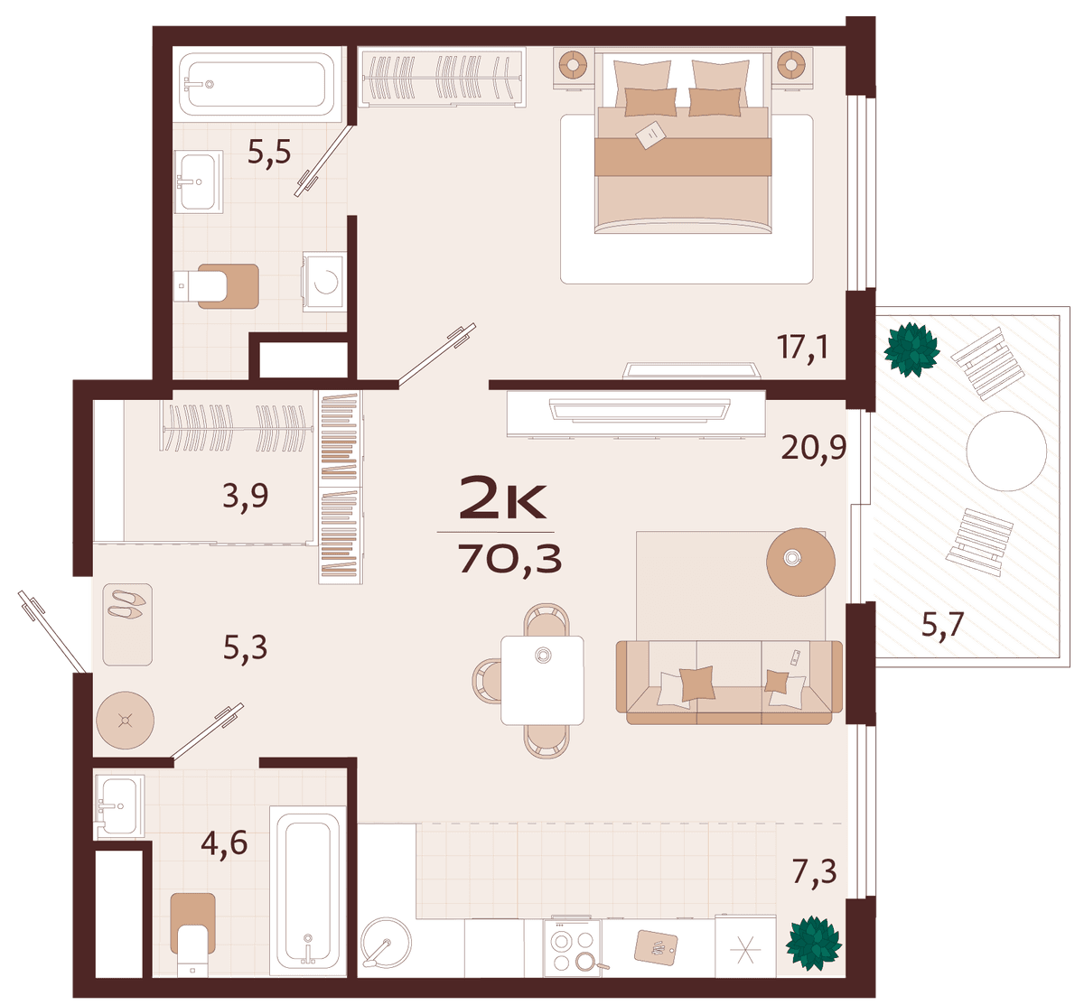 2-к, 70.3 м² · Роялта