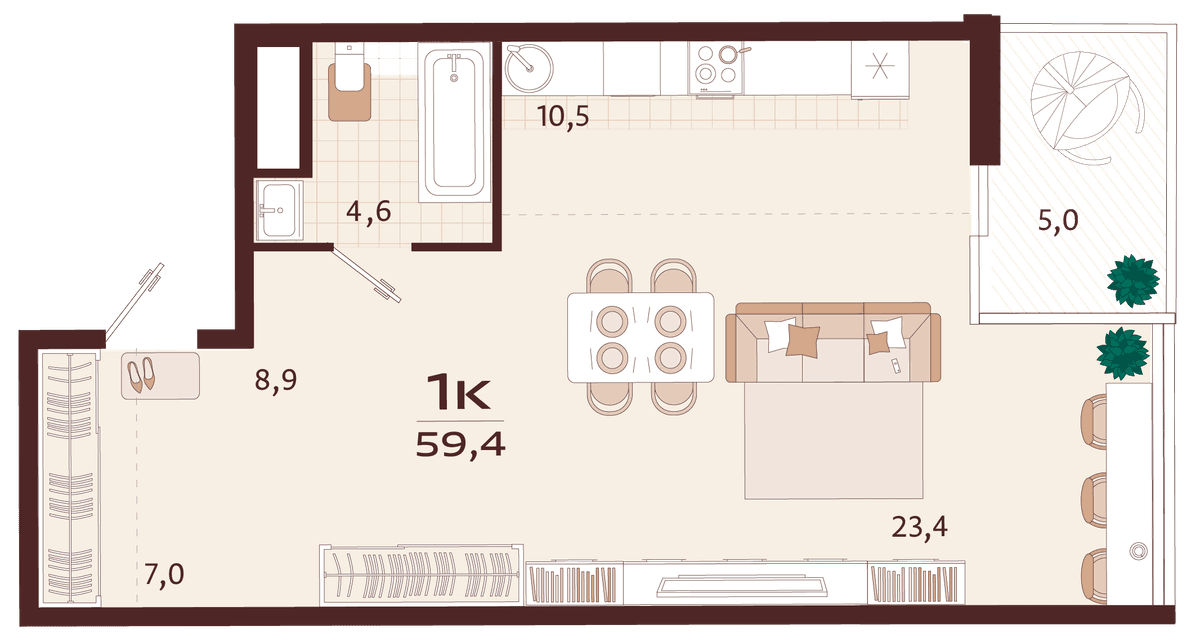 1-к, 59.4 м² · Роялта
