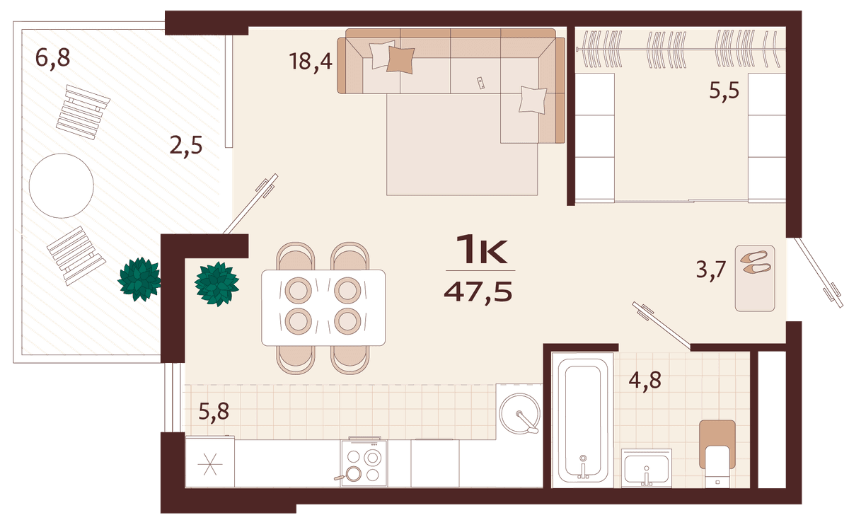 1-к, 47.5 м² · Роялта