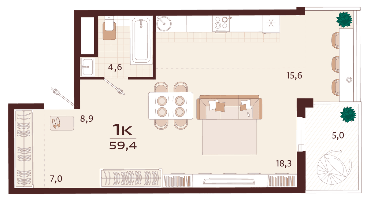 1-к, 59.4 м² · Роялта