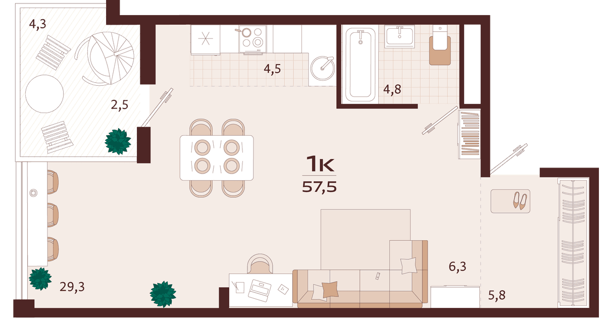 1-к, 57.5 м² · Роялта