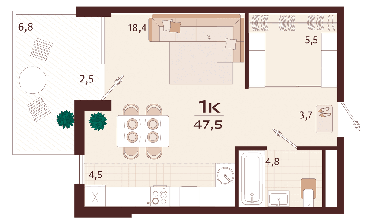 1-к, 47.5 м² · Роялта