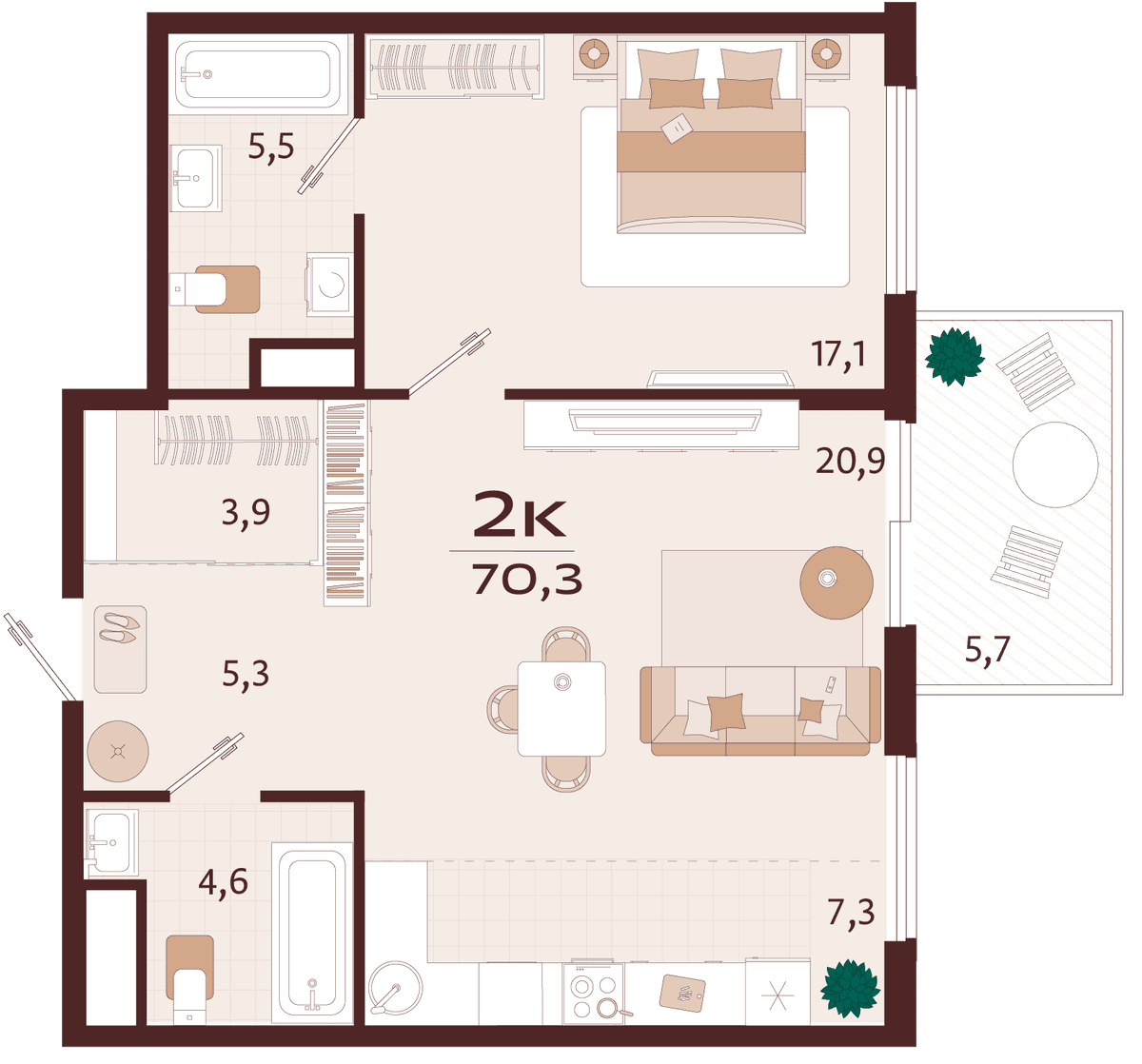 2-к, 70.3 м² · Роялта