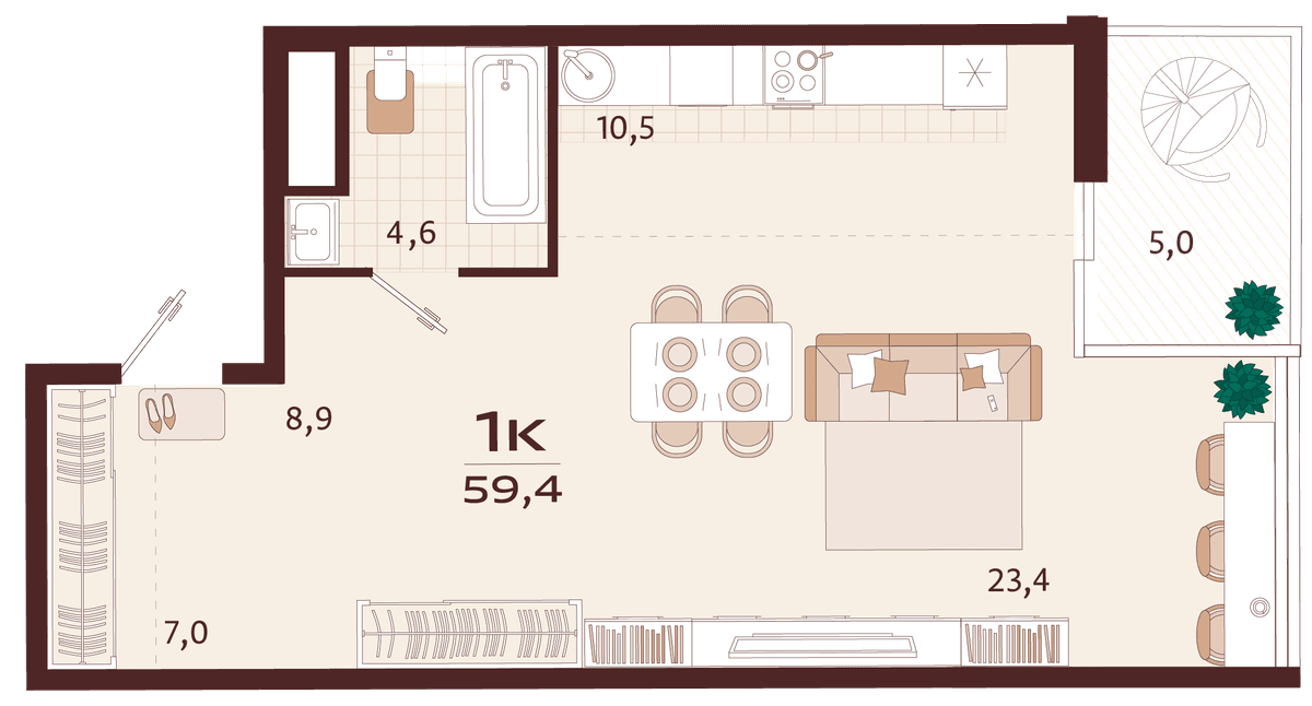 1-к, 59.4 м² · Роялта