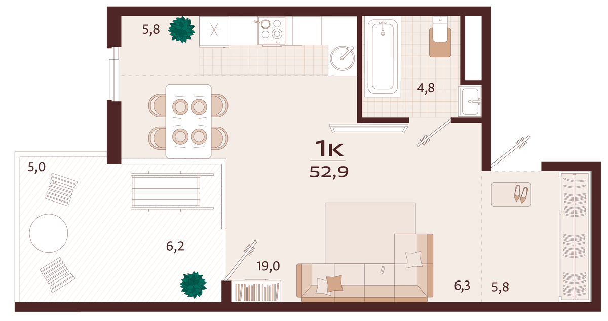 1-к, 52.9 м² · Роялта