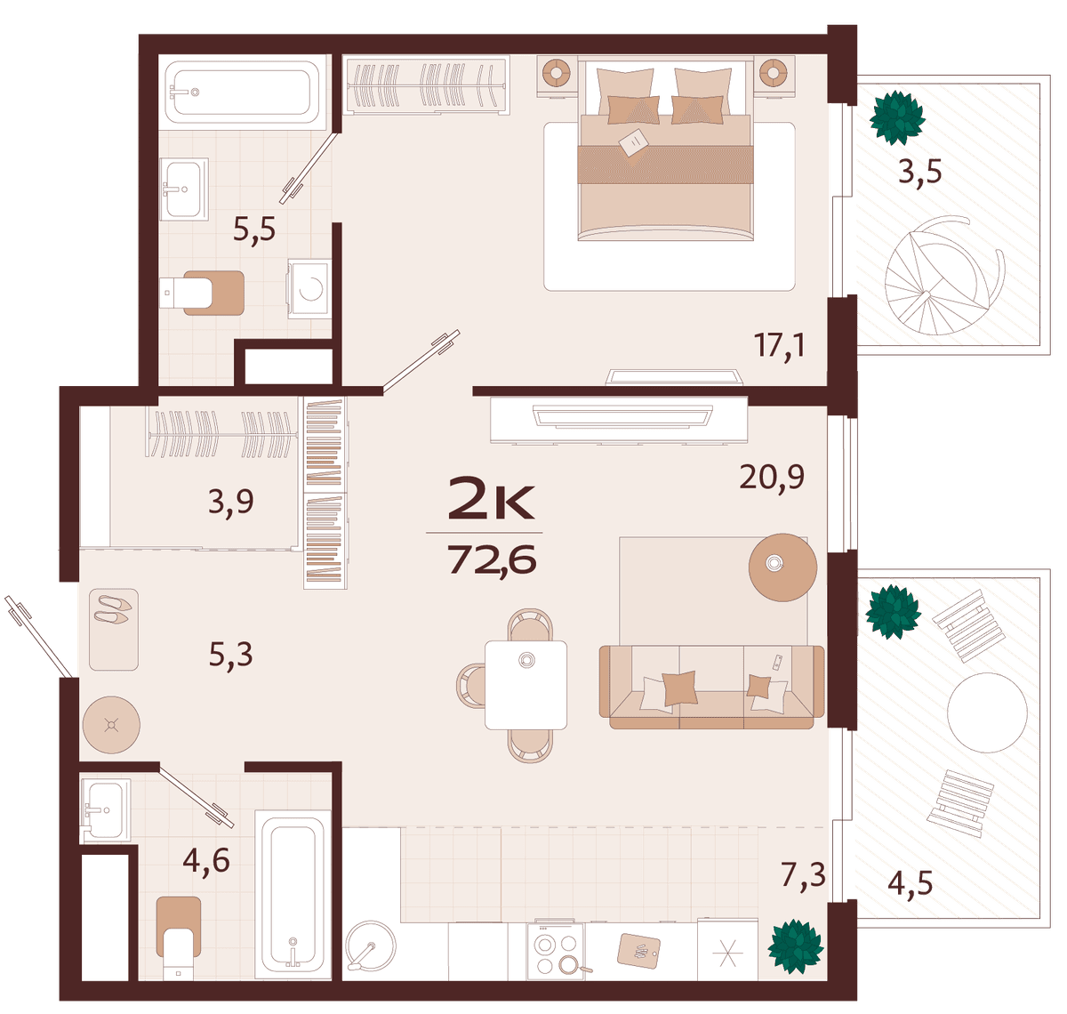 2-к, 72.6 м² · Роялта