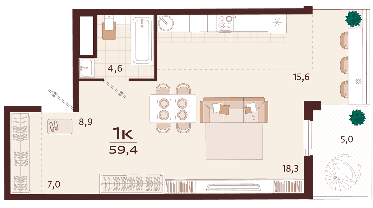 1-к, 59.4 м² · Роялта