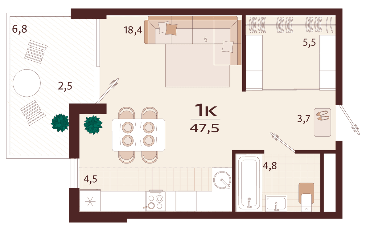 1-к, 47.5 м² · Роялта