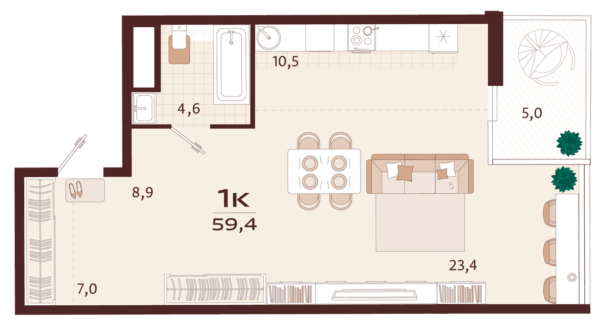 1-к, 59.4 м² · Роялта