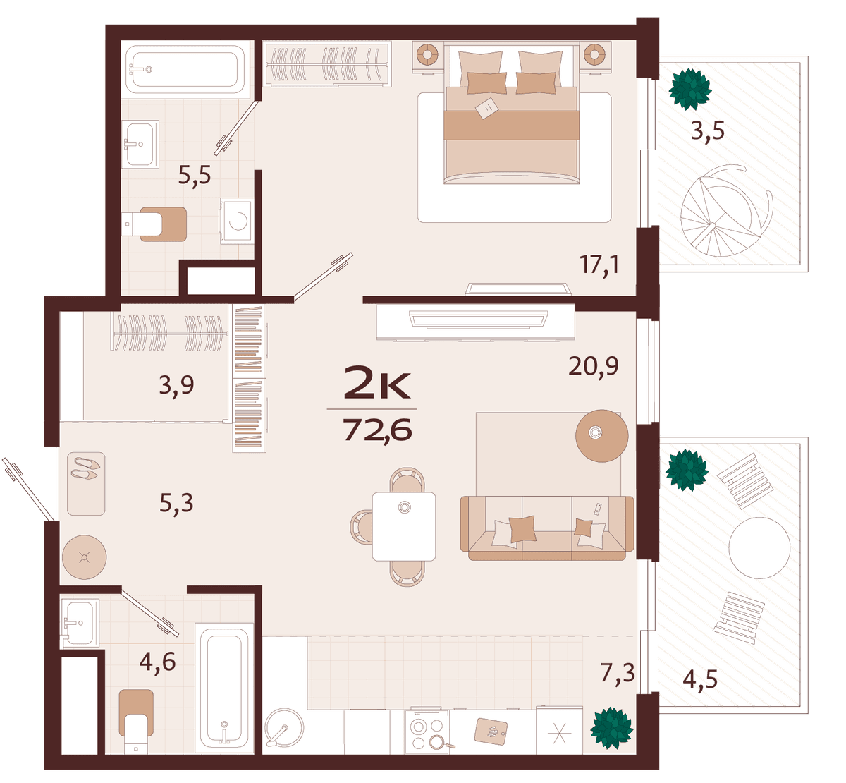 2-к, 72.6 м² · Роялта