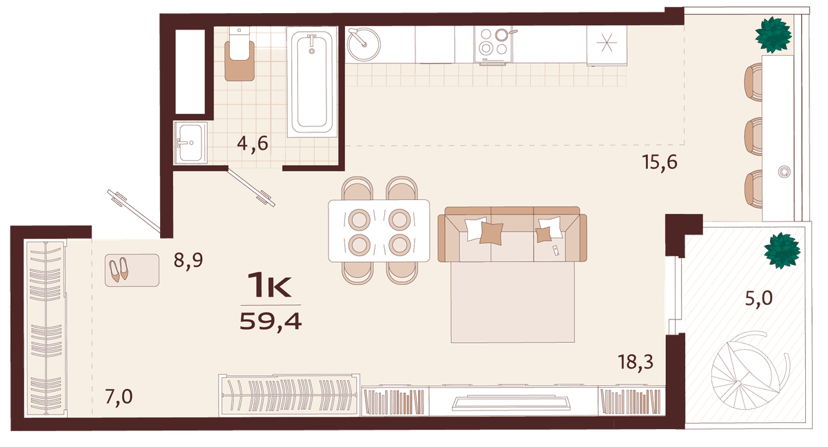1-к, 59.4 м² · Роялта