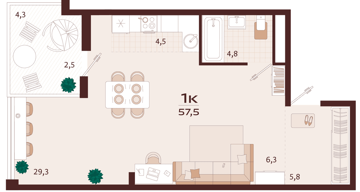 1-к, 57.5 м² · Роялта
