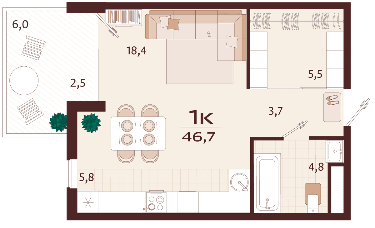 1-к, 46.7 м² · Роялта