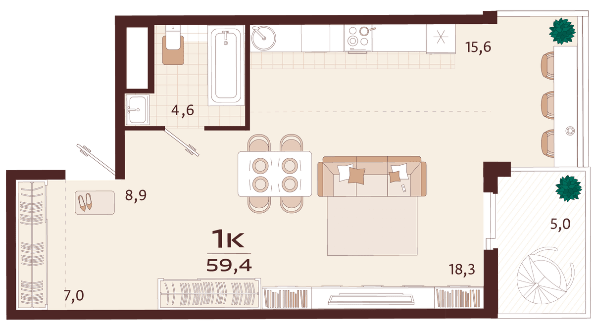 1-к, 59.4 м² · Роялта