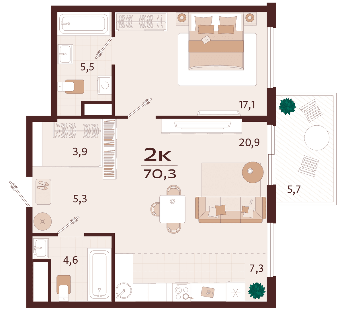 2-к, 70.3 м² · Роялта