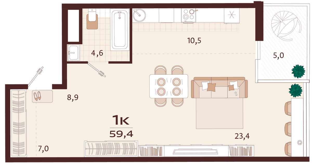 1-к, 59.4 м² · Роялта