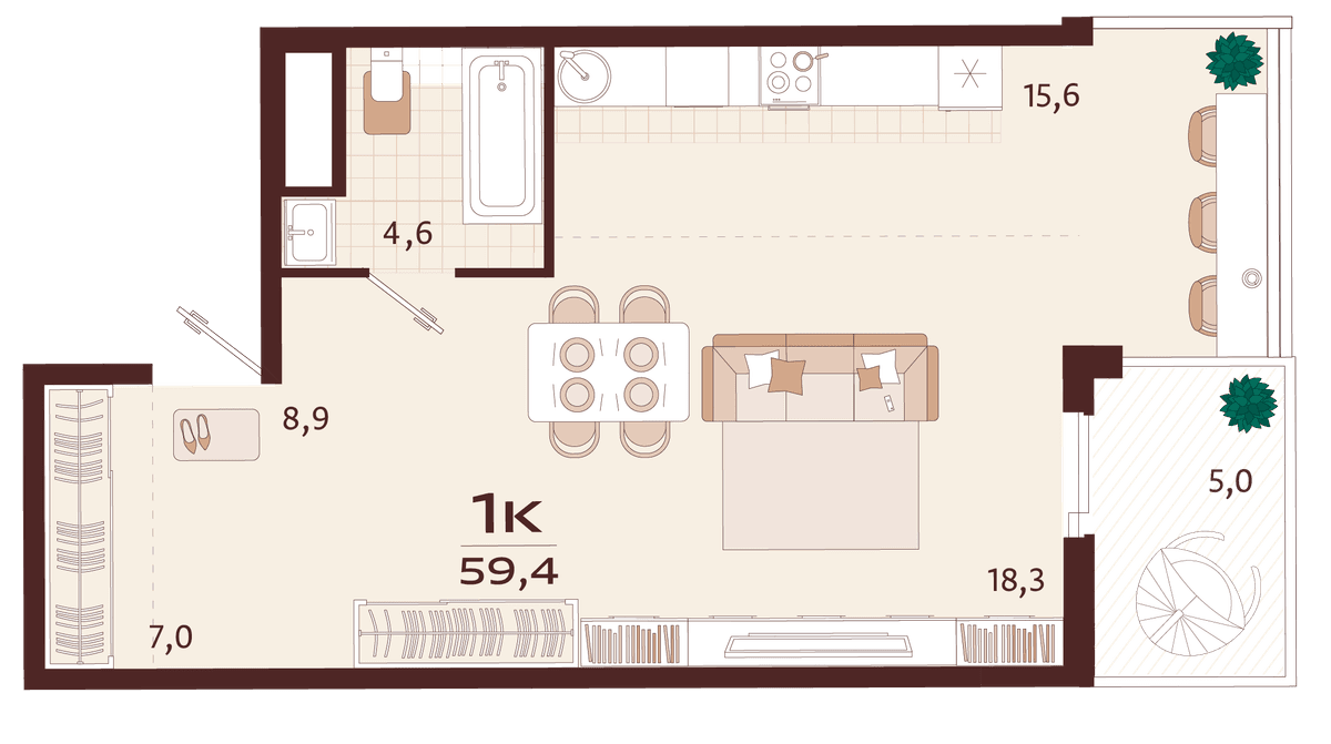 1-к, 59.4 м² · Роялта